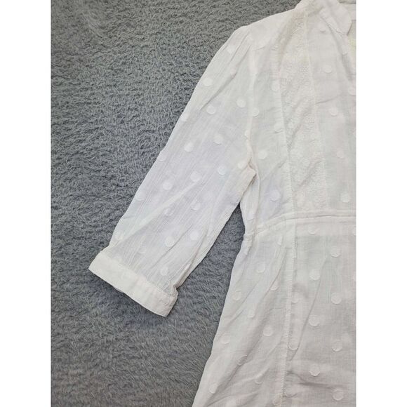 Fossil Blouse Top Womens Medium White Polka Dot Cotton 3/4 Sleeve Button Front - Picture 5 of 10